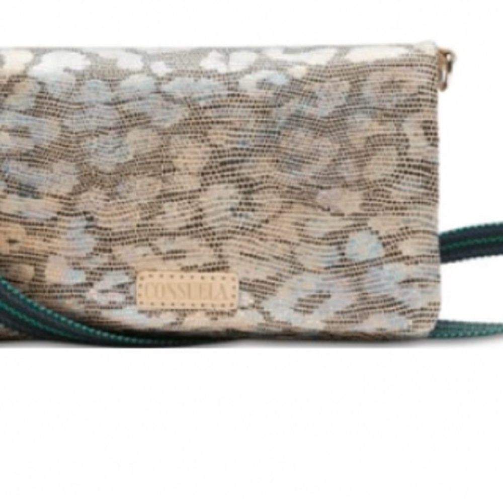 Consuela Leopard Print Clutch with Teal Strap